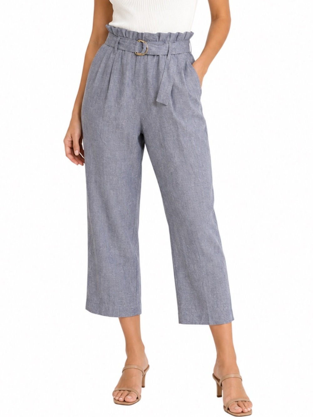 Anne Klein Linen Blend Paperbag Waist Wide Leg Cropped Pants Blue Gray Medium